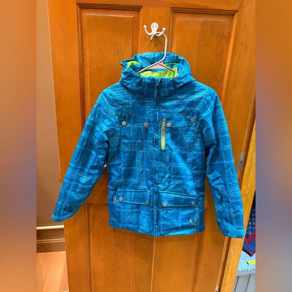 Spyder Girls Evar Ski Jacket Size 12 Riviera Checkered Plaid Print/Green Flash
